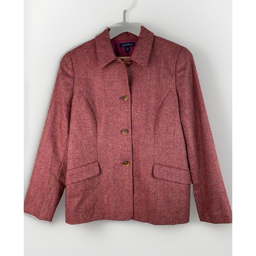 Lands' End Women's 10P Pink Herringbone Lined Wool Button Up Blazer